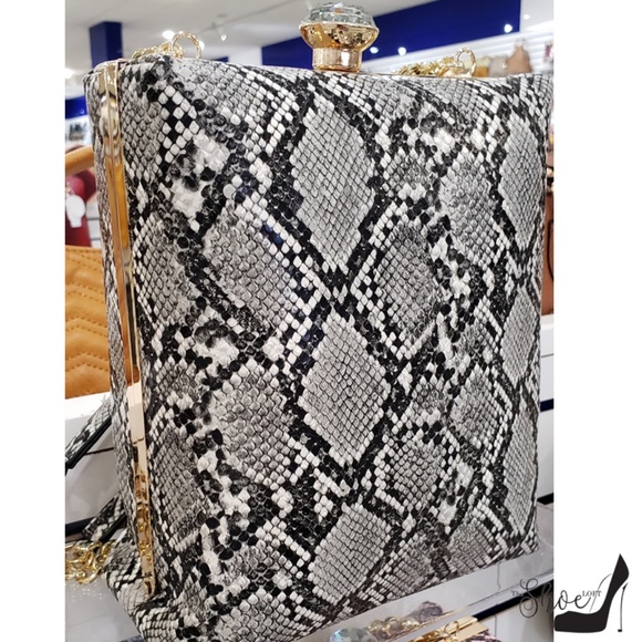 Tan Snakeskin Embossed Jewel Top Box Bag - Picture 4 of 6